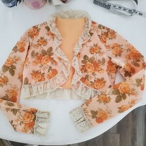 vintage 70s peach floral cropped bolero blazer with lace trim Size 7